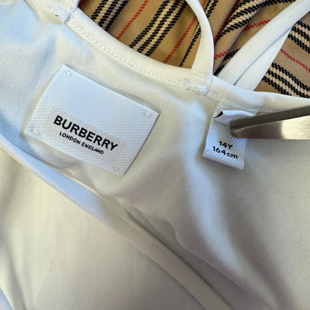 Authentic Burberry Girls Sadie Icon Stripe One Piece Swimsuit Plaid Beige 14Y 14